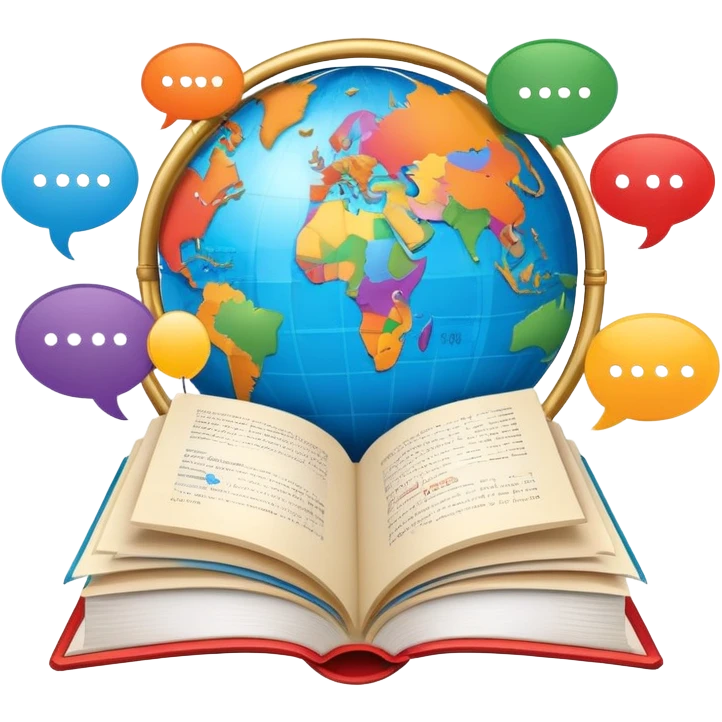 An icon showing a globe surrounded by speech bubbles with greetings in different languages, like 'Hello,' 'Hola,' and 'Bonjour.' The design includes an open book and a quill, symbolizing learning and communication. Transparent background emphasizes global connection through language. emoji