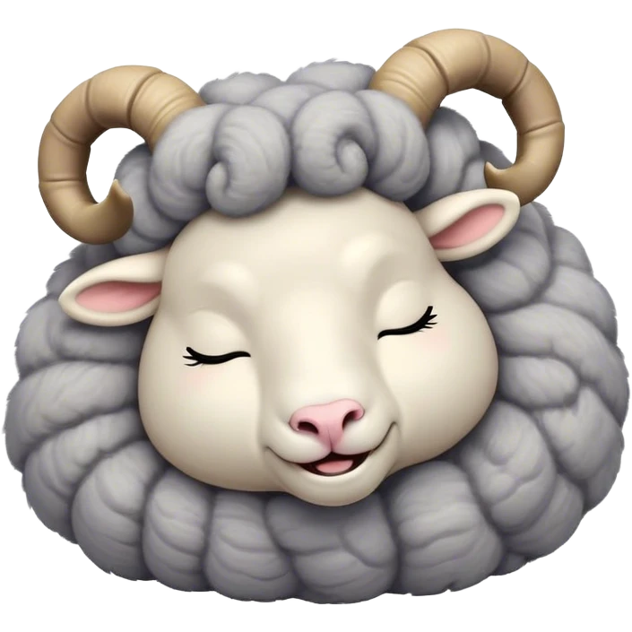 Meme-Worthy Cute Sleeping Ram Portrait Emoji, Head resting peacefully with a contented smile, showcasing a robust build and a luxuriously soft woolly grey fur with gently curled horns, eyes shut in a serene, restful nap, Simplified yet hilariously adorable features, highly detailed, glowing with a soft, drowsy light, high shine, relaxed and utterly lovable, stylized with an air of playful laziness, bright and heartwarming, soft glowing outline, capturing the essence of a comically sleepy ram, so meme-worthy it feels like it could instantly become the next viral sensation of adorable slumber! emoji
