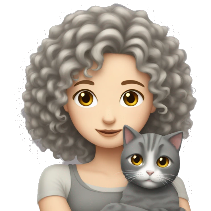 White Girl curly hair cuddling with grey cat emoji