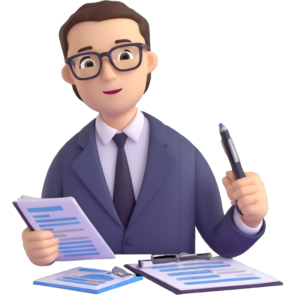 male accountant with financial reports, pen and glasses emoji