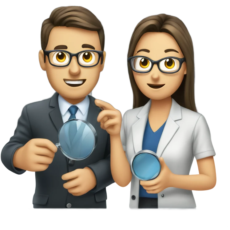 Two IT auditors (man and woman) inspecting server with magnifying glass emoji