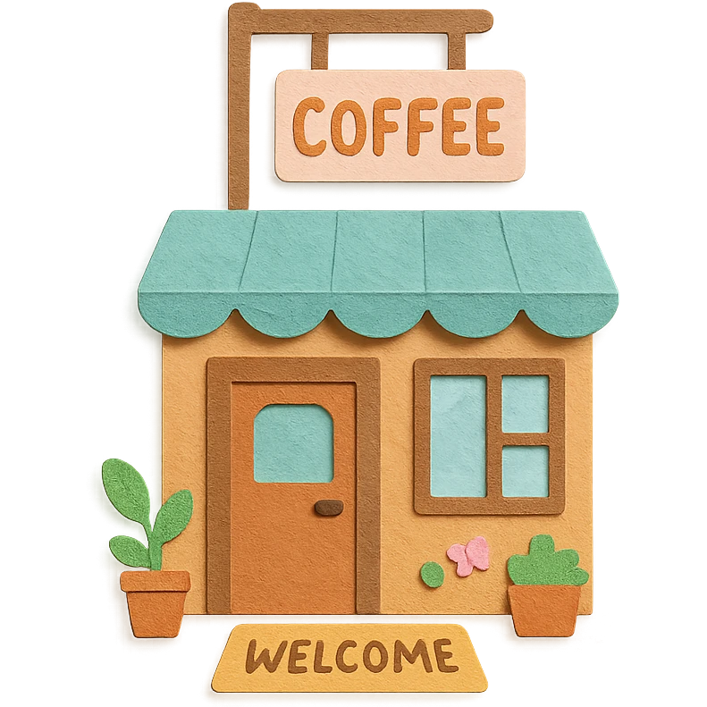 cozy coffee shop entrance with pastel hanging sign, welcome mat, and cute details, hand-drawn soft pastel style emoji