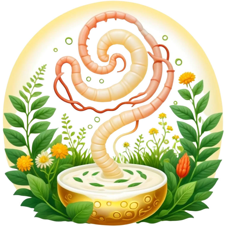 Magical garden with yogurt, kimchi, and kombucha appearing as glowing plants. A spiral intestine forms the center path, with golden beneficial bacteria floating like pollen and light seeds. The scene has an ethereal, dreamy quality representing the inner ecosystem. emoji