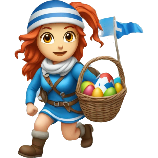 Greek Female winter mountaineer red hair white skin climbing with Greek Flag and Easter eggs basket emoji