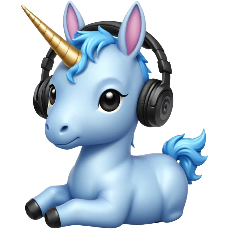 Unicornio bebé azul sentado escuchando música con auriculares negros emoji