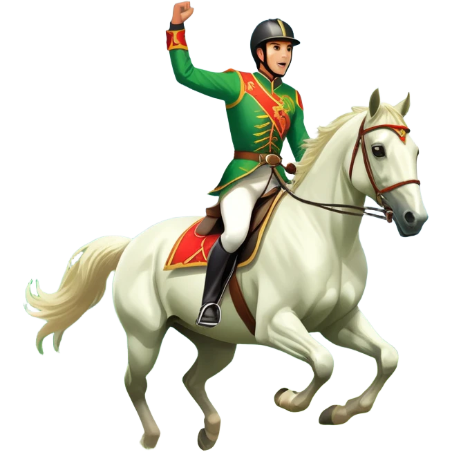 An icon showcasing a majestic horse and rider in full gallop across a lush green field. The background features a clear sky, distant mountains, and a vibrant landscape. The rider wears traditional gear, while the horse leaps with grace and power. Transparent background emoji