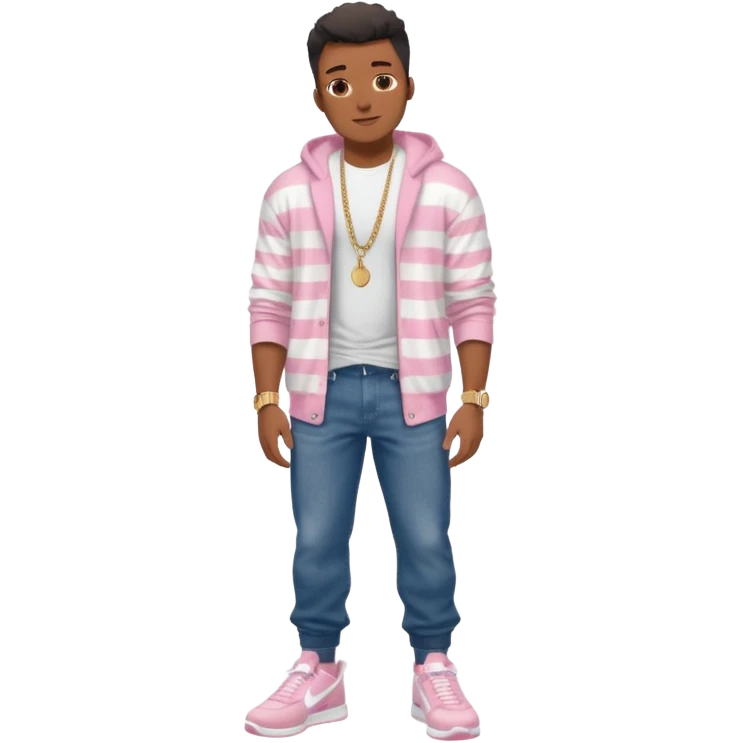 Handsome Black guy with brown skin tone, with muscular build, wearing long baggy dark denim jeans, a white t-shirt, pink and gray striped fuzzy cardigan, white Nike sneakers, a gold watch, and a dainty chain emoji