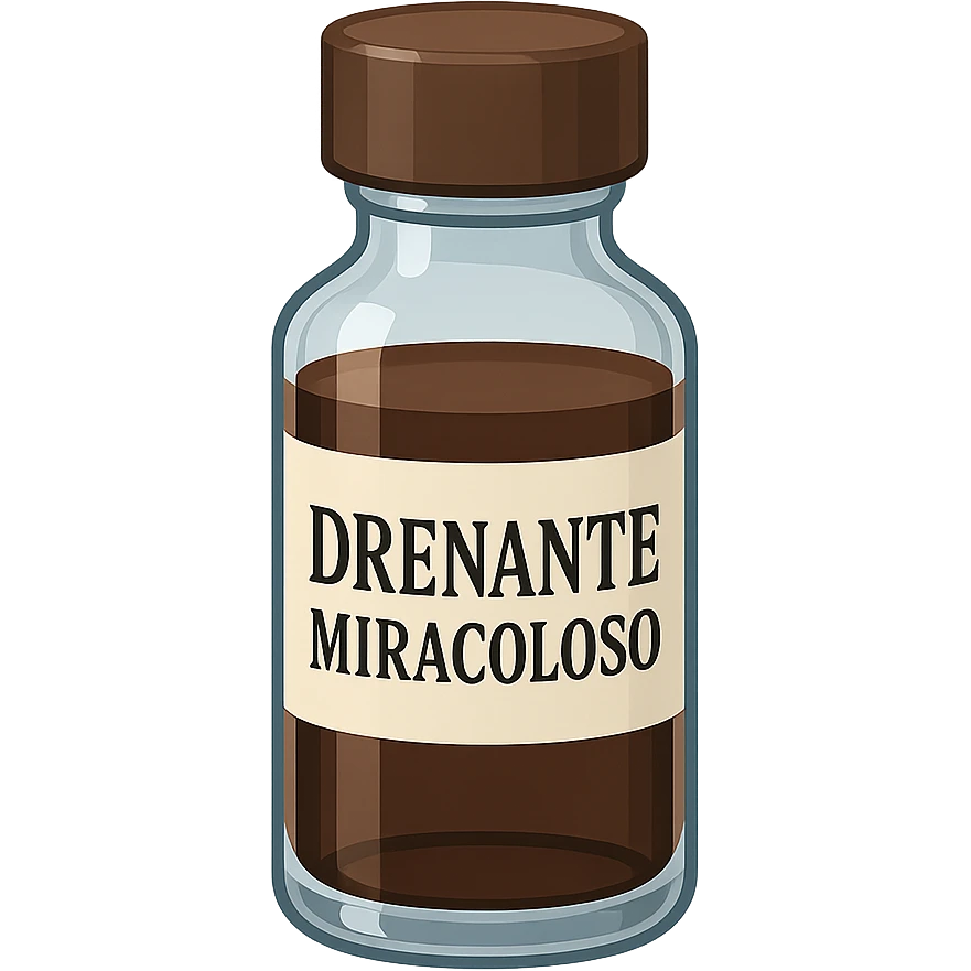 boccetta di drenante da bere, con la scritta "DRENANTE MIRACOLOSO" SULL'ETICHETTA emoji