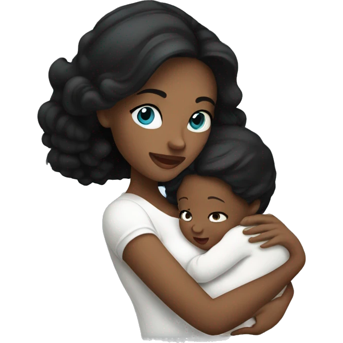 mom holding newborn baby girl with blue eyes white skin black hair emoji