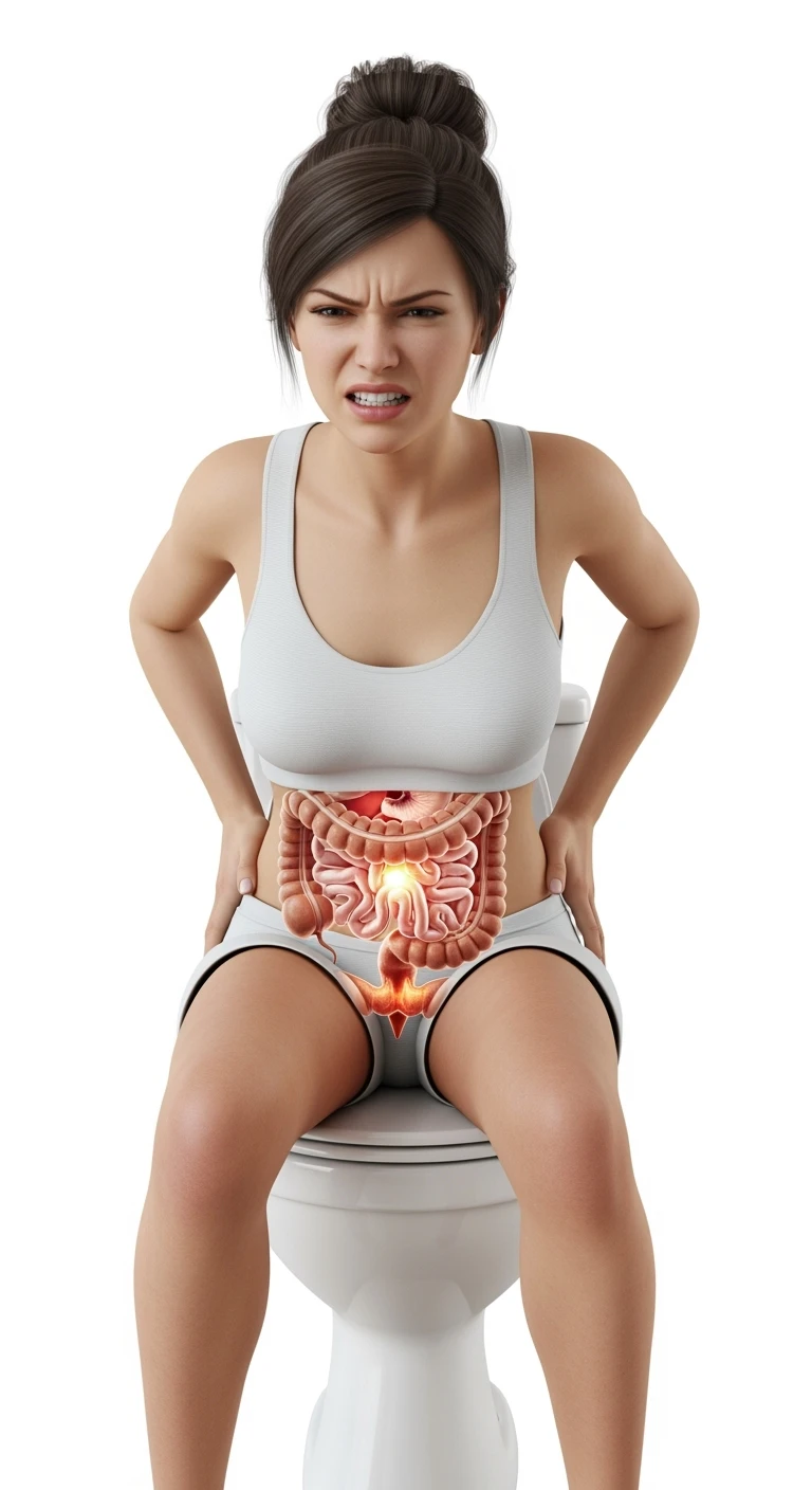 donna che si sforza seduta sul wc con intestino umano anatomico in evidenza, iperrealistica 4k, sfondo bianco emoji