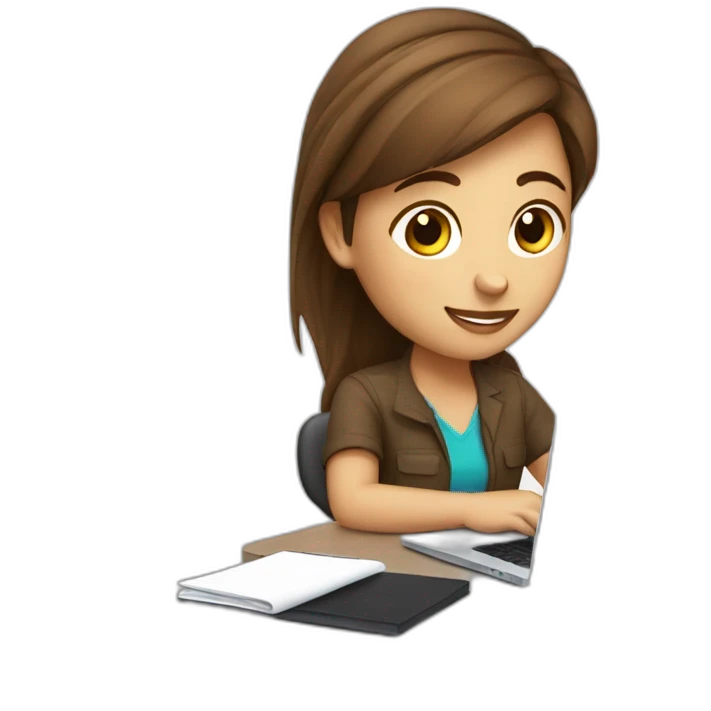 Beautifull programmer girl with brown hair working with MacBook emoji