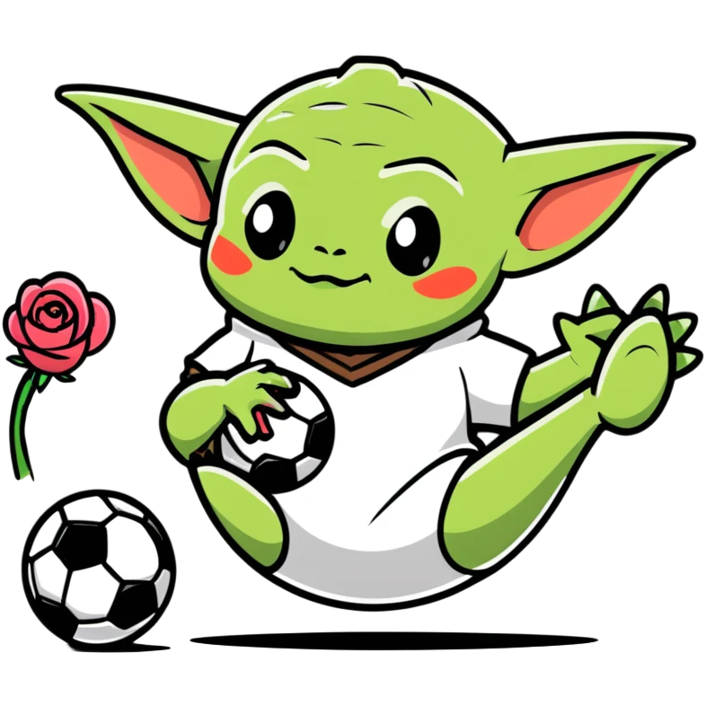 baby Yoda kicking a soccer ball with small roses beside him emoji