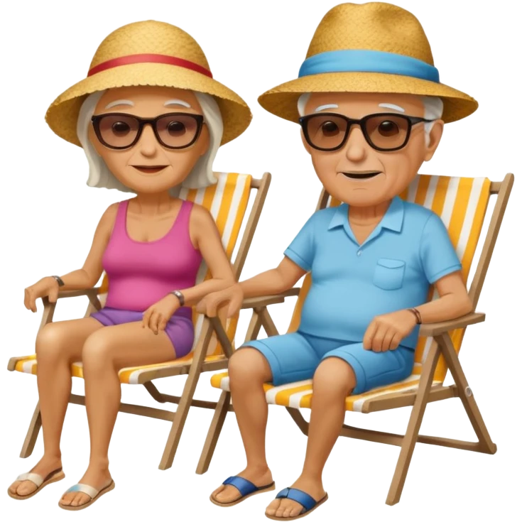 an emoji that shows elderly one woman and one man, both are retired and are lying in sun-chairs at the beach to recover from retiring-stress emoji