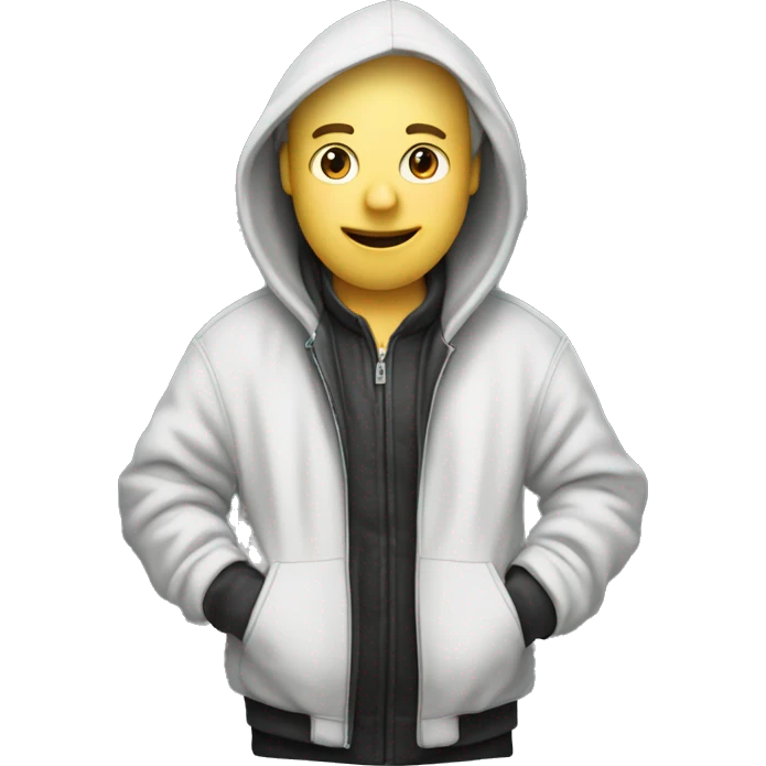 a white-skinned programmer sits in a jacket with a hood holding a MacBook in his hands emoji