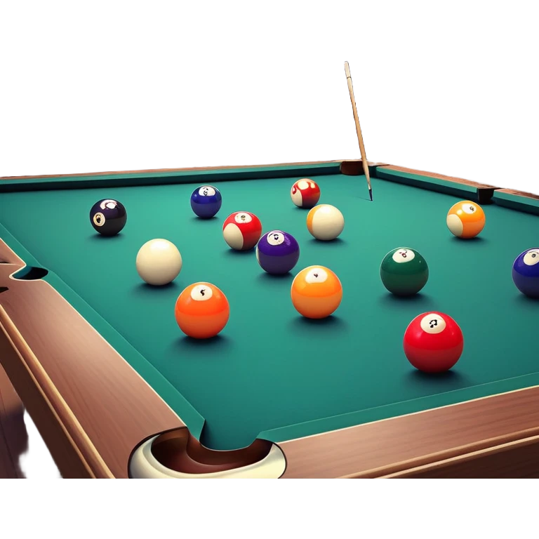 A well-arranged pool table with colorful billiard balls neatly placed, and a cue stick poised to take a shot. The setting is a dimly lit room with a focused atmosphere, highlighting the precision and strategy involved in the game of billiards. emoji