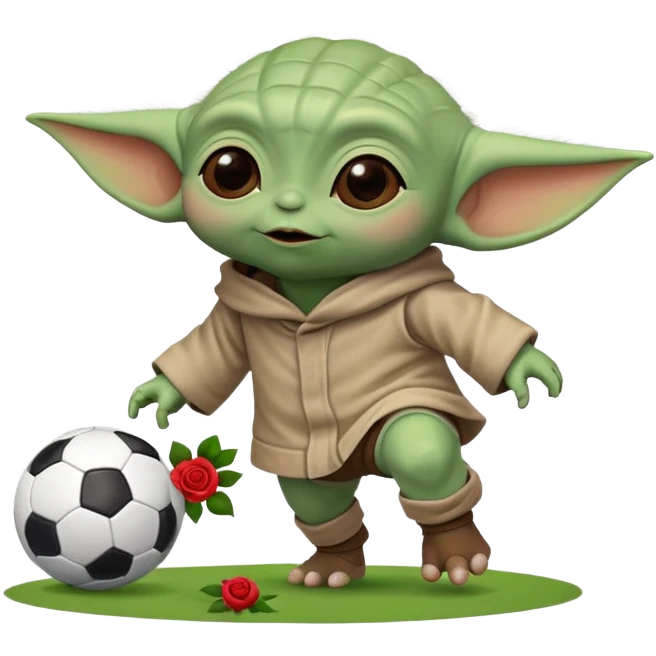 baby Yoda kicking a soccer ball with small roses beside him emoji
