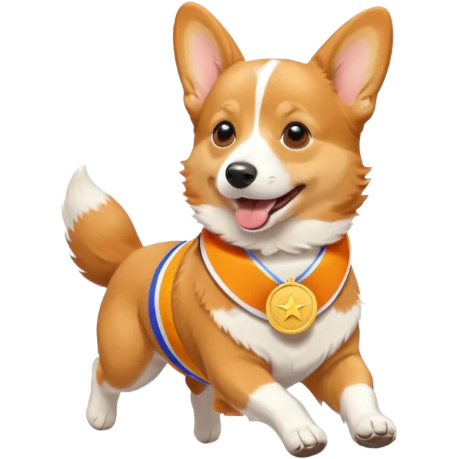a corgi picking running a marathon with gold medal emoji