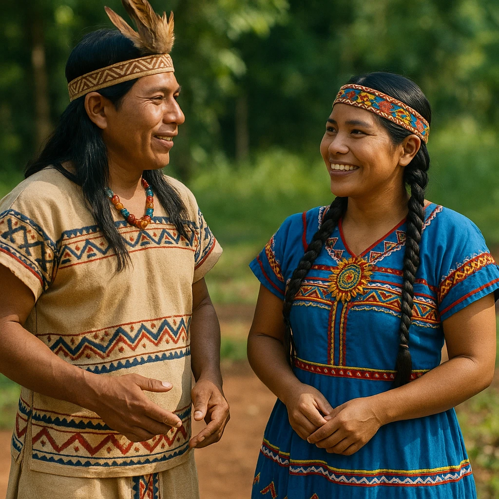 A friendly scene of an indigenous man and woman from Costa Rica conversing, both wearing traditional indigenous clothing with cultural details reflecting Costa Rican indigenous identity. emoji