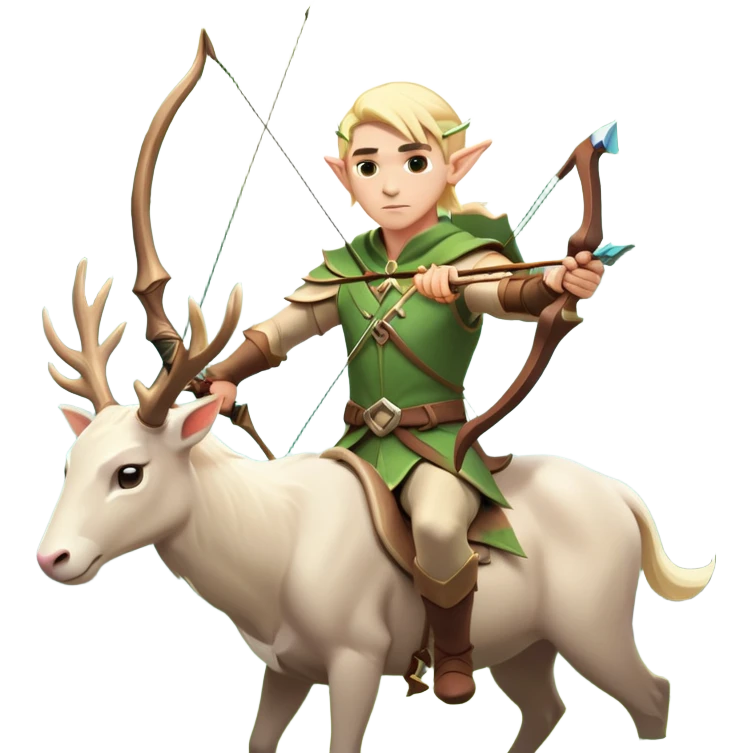 clash-of-clans-aesthetic-blond-male elf-archer-portrait-emoji, rendered in a flat, vector-style with minimal shading and bold holding his bow, simplified shapes, head tilted slightly forward with a determined, focused expression, riding a majestic white stag whose antlers glow with mystical energy, set against an ancient, enchanted forest backdrop. emoji