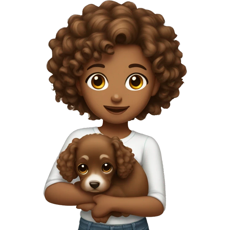 Brownskin girl with curly hair holding brown puppy emoji