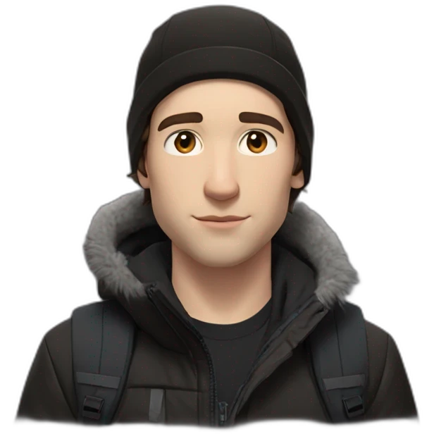 white boy,mi-long brown hair,winter cap black The North face,black jacket The North face,1 Backpack emoji