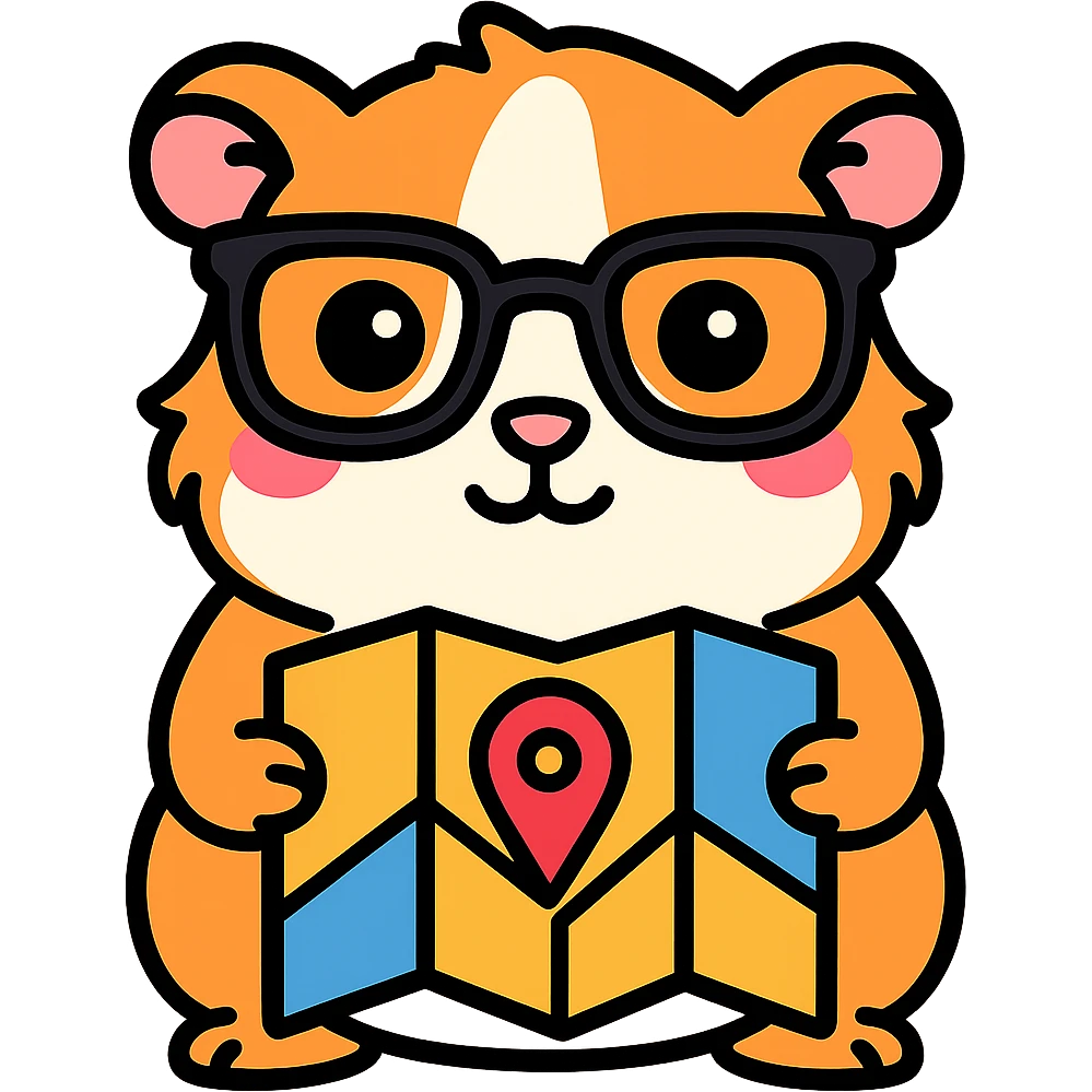 Make the guinea pig match the original reference: same face and glasses style, but holding a map for a maps/navigation app, in a cute, outlined, colorful style. emoji