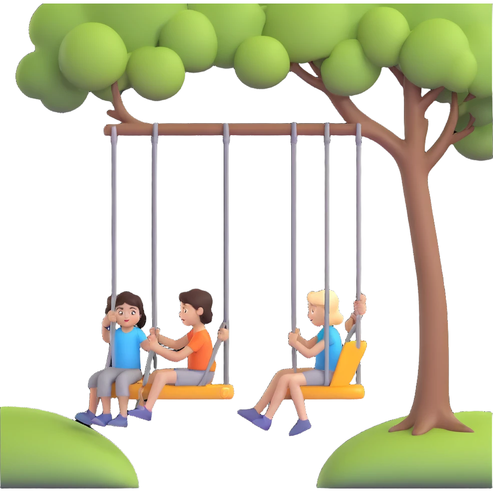 A person pushing a swing with a child sitting on it, outdoors, under a tree, in daylight. The swing is moving back and forth. Focus on the motion of swinging and the person gently pushing it emoji
