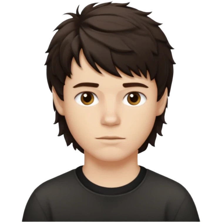 À emoji that don’t smile Dark brown thick hair, medium-length textured top with loose natural waves, short tapered sides, soft messy fringe, natural volume(No long hair it like a side part with a lot of wave and texture ) the guy is white and it’s a boy emoji