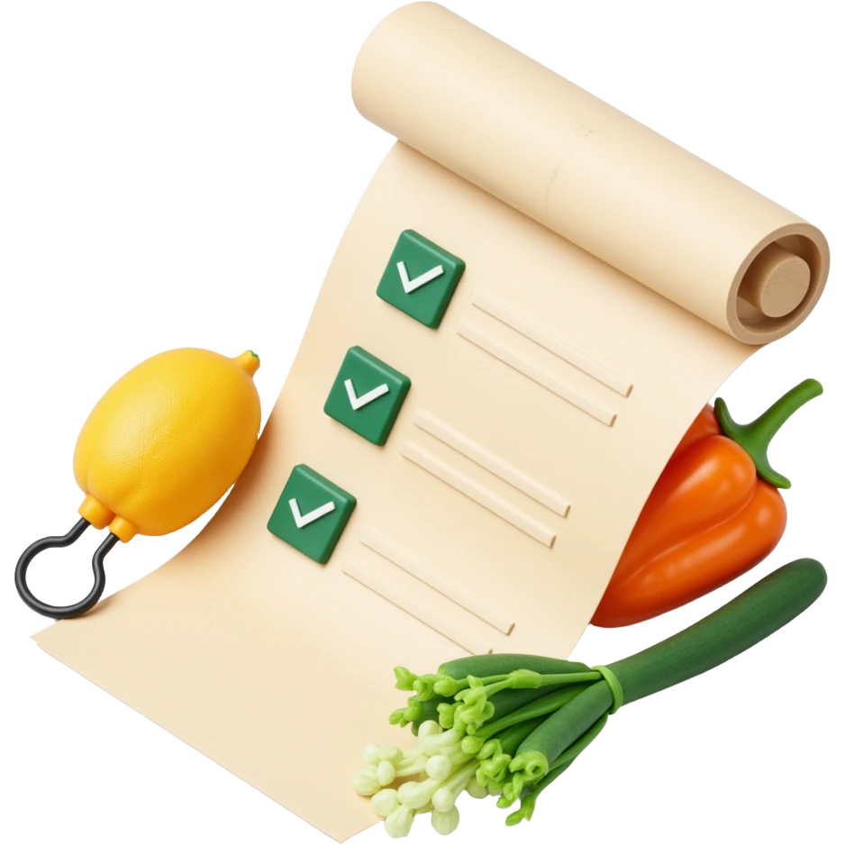 floating rolled paper list with green checkboxes and around vegetables emoji