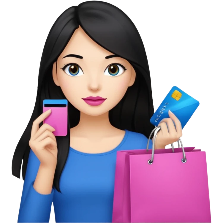 Girl with long black hair and crown, pink lipstick, brown eyes holding shopping bags and blue credit card emoji