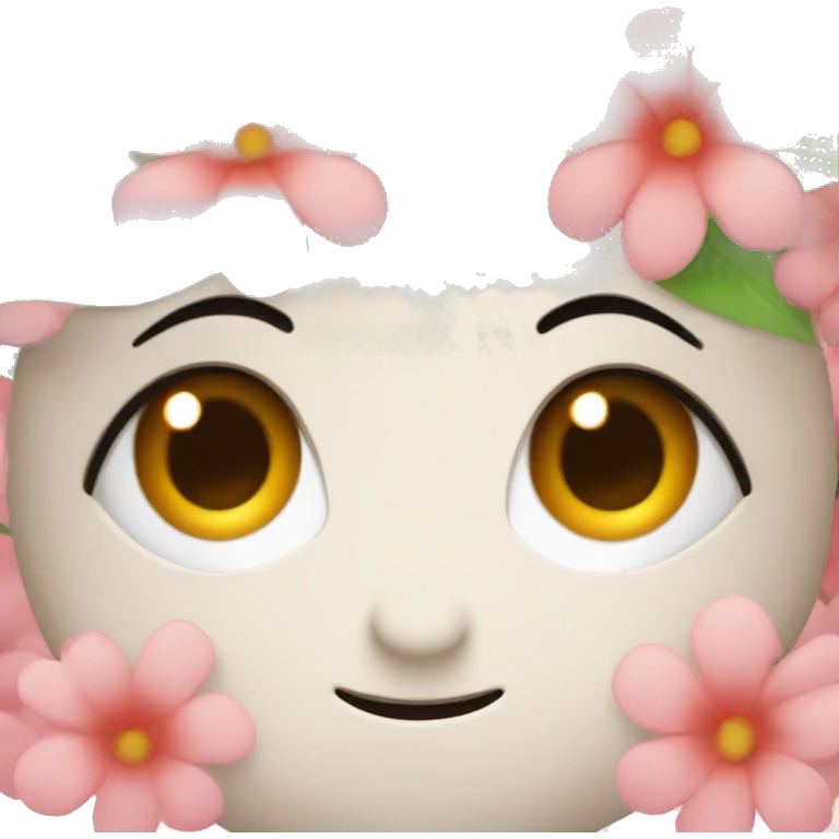An agry blushing face, with cute eyes, a cupke and a flower emoji