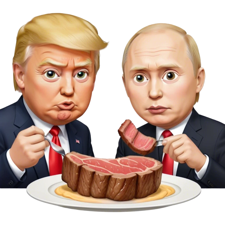 photorealistic Donald Trump and Putin eating a steak shaped like an piece of land emoji