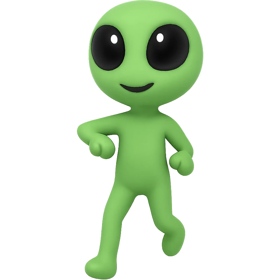 Create a neon green alien dancing, almost identical to the reference image, with minimal changes in the positions of arms and legs, looking straight ahead. This is frame 6 of an animation. PNG format with transparent background. emoji