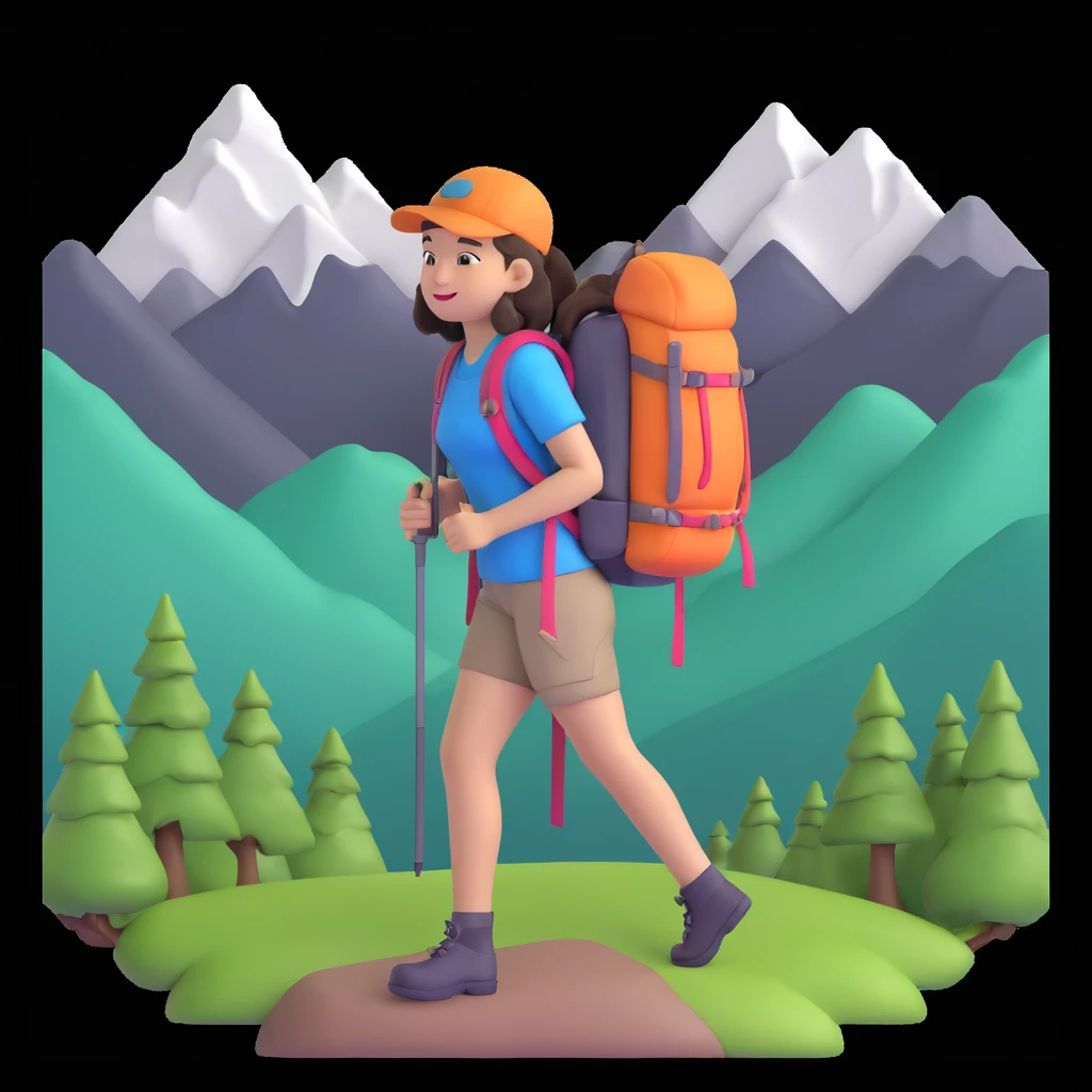 portrait of girl back packing mountains in background, close up pose emoji
