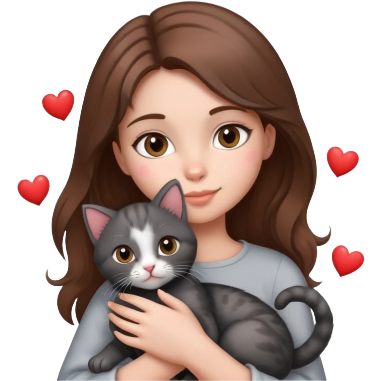 Girl with brown hair holding a grey and black kitten with,  love hearts around them like this emoji 🥰 emoji