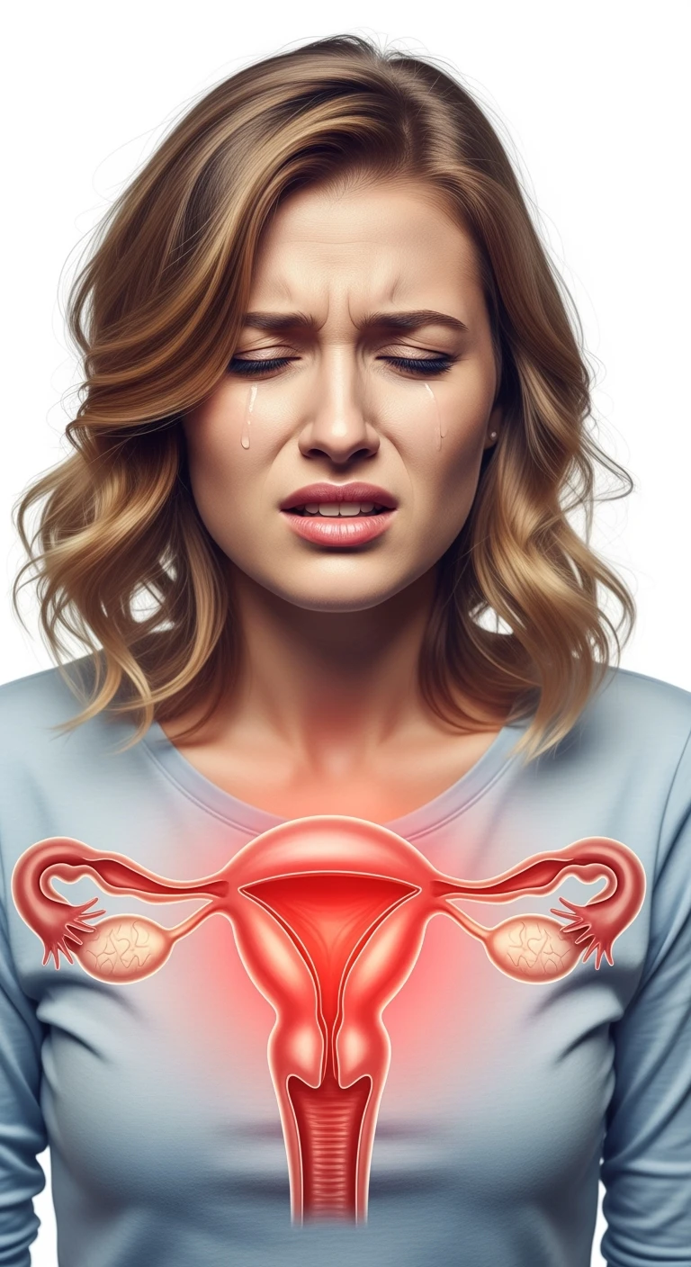 donna con utero umano realistico in evidenza dolorante, espressione di dolore in volto, sfondo bianco, iperrealistica 4k emoji