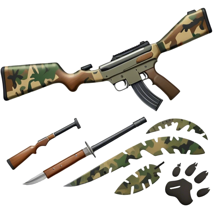 Icon for Hunting: a rifle, hunting knife and a set of animal tracks on the ground, surrounded by a camouflage pattern. The icon should represent the tools and spirit of hunting. Transparent background. emoji