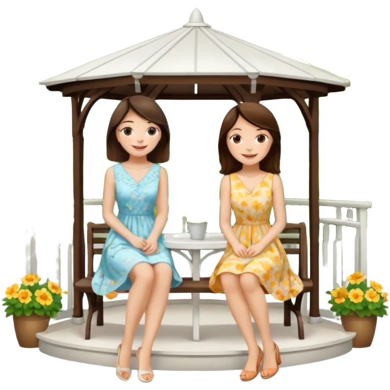 Two brunette women sitting on a white gazebo emoji