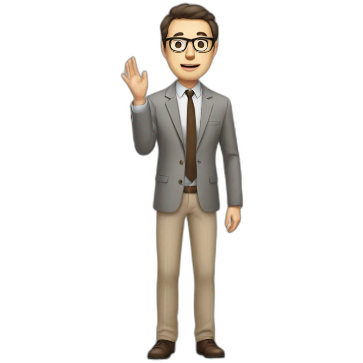 Full height Actively gesturing with hands Pale skinned fit man with dark brown hair in gray jacket, beige office shirt, brown tie, brown pants and vintage glasses. emoji
