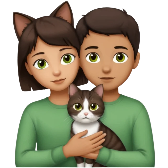 Crea un emoji donde salga un chico de pelo moreno con los ojos claros, una chica de pelo morena con los ojos marrones y UN gato europeo comun de pelaje marron oscuro y ojos verde claro, quiero que se esten abrazando el chico y la chica, y el gato este en el medio de los dos emoji