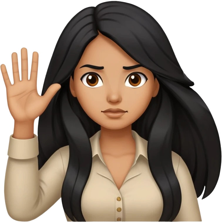 Hispanic woman with long hair, determined, one hand out motioning “no” emoji