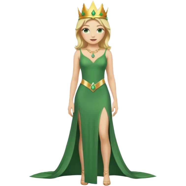 Queen, crown, blonde hair, green eyes, long green tight dress, Leg slit, whole Body, emoji
