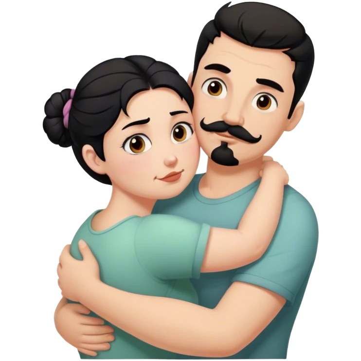 Tall strong white man with dark brown mustache goatee hugging a chubby short pale woman with messy black hair bun emoji
