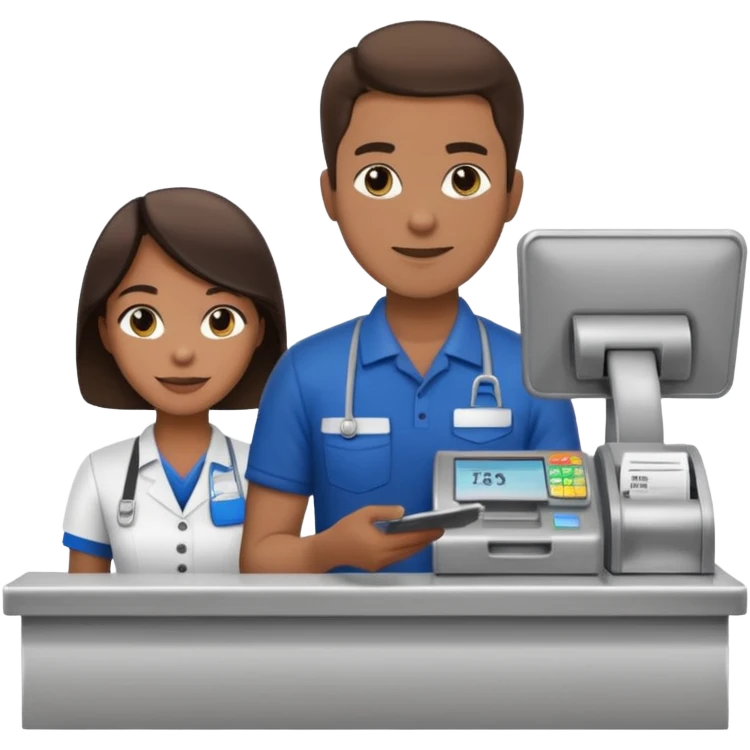 Supermarket employee at a cash register, full body, serving a man emoji