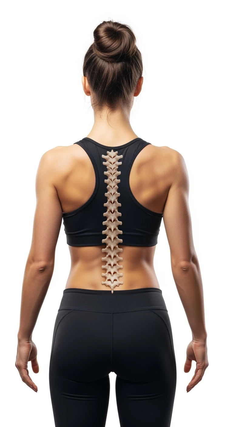 donna fitness di spalle con spina dorsale anatomica realistica in evidenza, sfondo bianco emoji