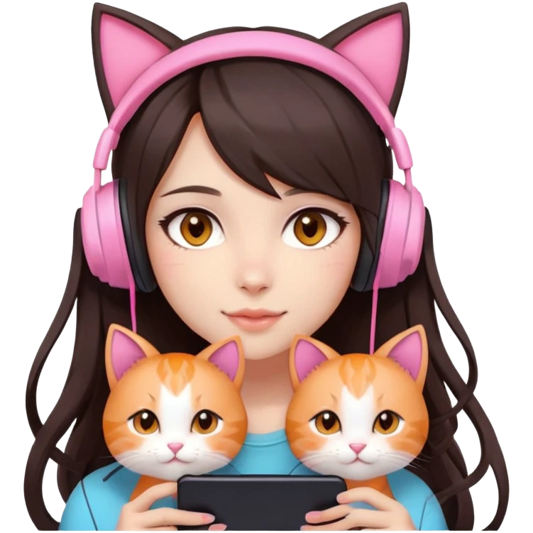 gamer girl with long dark brown hair, light skin, big brown eyes, cute, pink headset with cat ears, blushing softly and naturally, beautiful, holding orange cat emoji