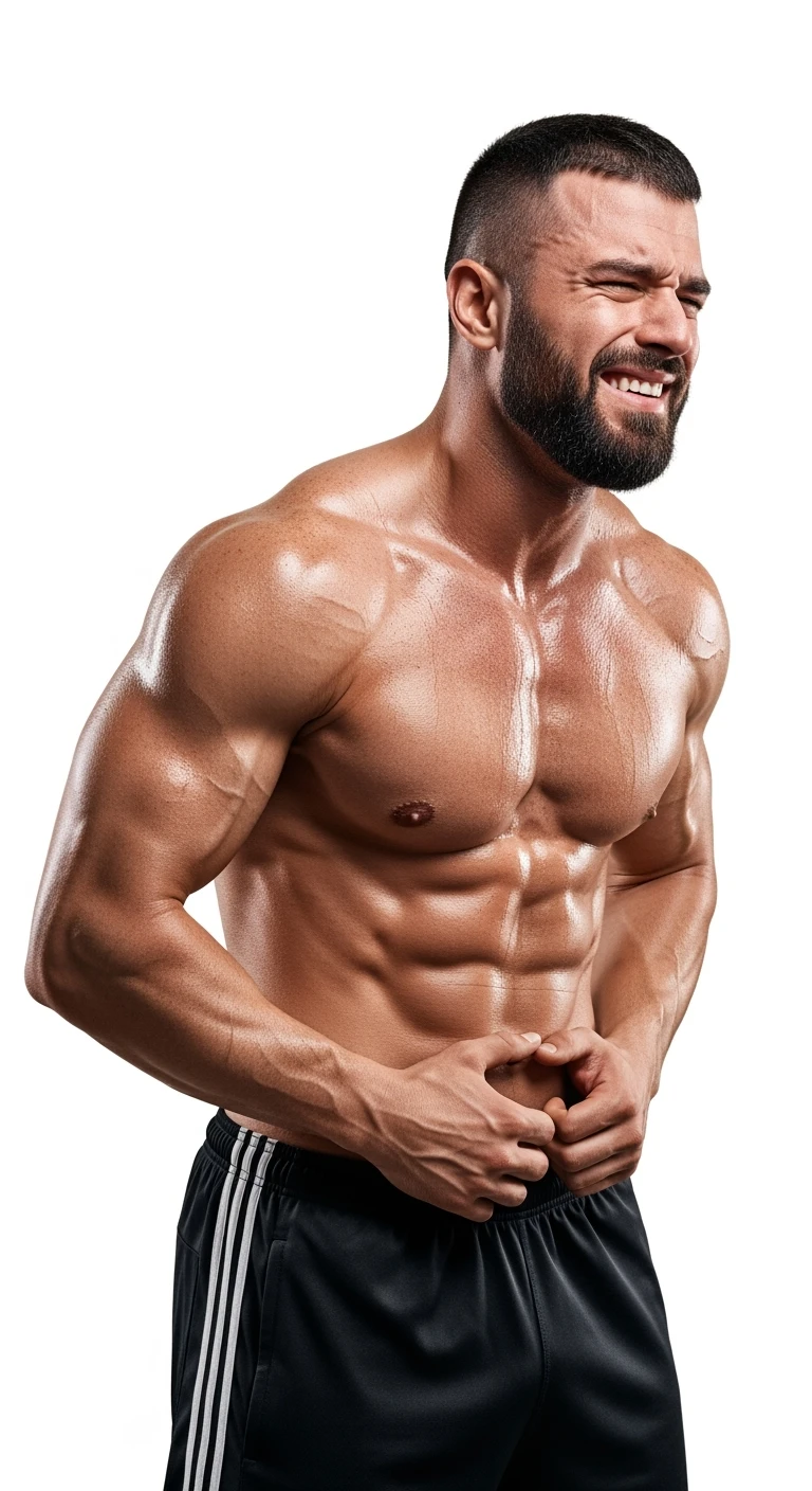 BODYBUILDER CHE SI INDICA I FIANCHI CON ESPRESSIONE AFFLITTA, ISOLATO SU SFONDO BIANCO, IPERREALISTICI 4K emoji