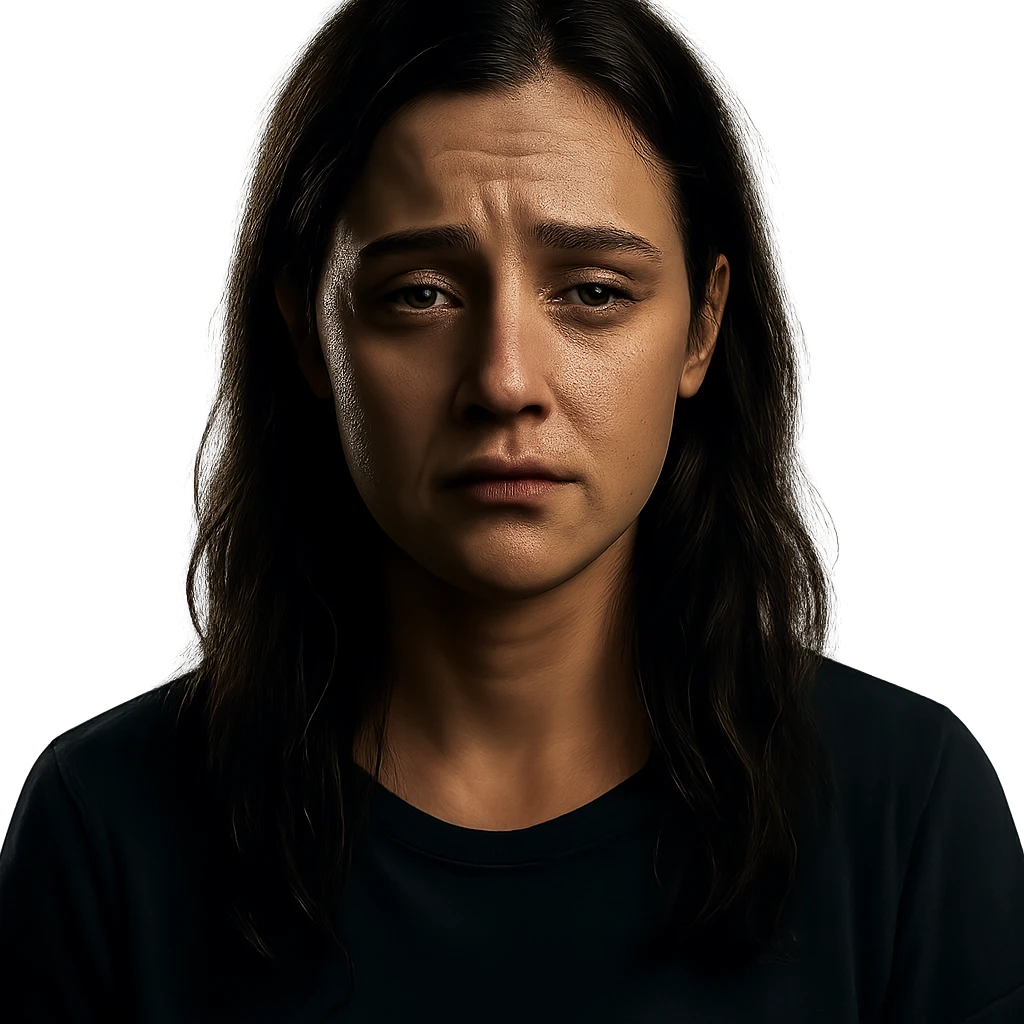 Centered portrait of the same woman with a sad expression, transparent background, in the style of a Netflix series poster, cinematic and dramatic lighting, realistic and detailed. emoji