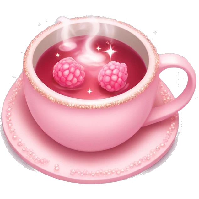soft pink mug filled with steaming hot raspberry tea, decorated with blush pink pearl and sparkly embellishments (aesthetic, cute) emoji