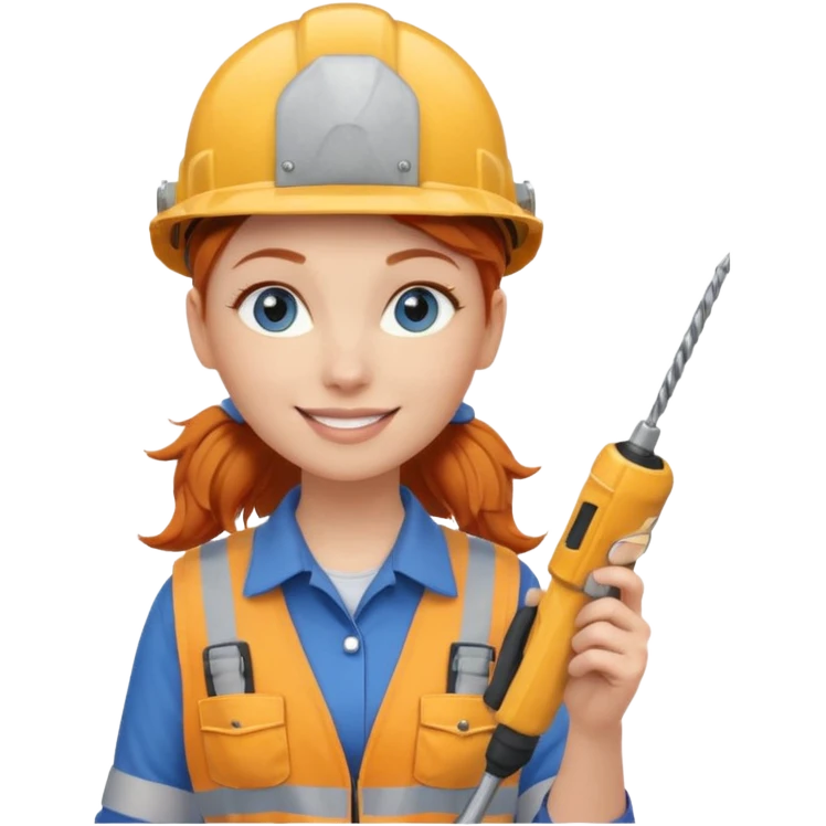 A ginger haired girl blue eyes, handyman Outfit, wearing a Helmet, with drill emoji